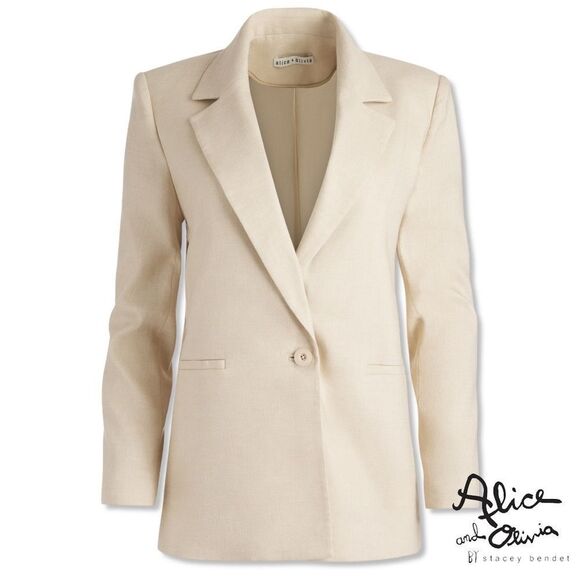 Alice + Olivia **NWT** Denny Linen Blend Boyfriend Blazer in Natural - Picture 6 of 7